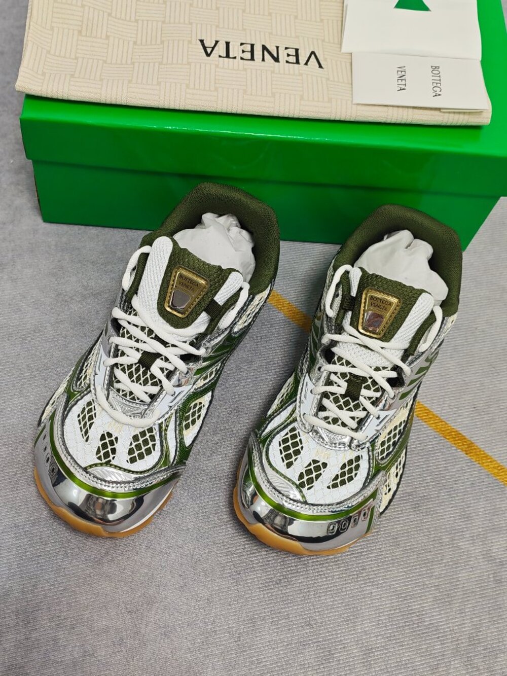 Bottega Veneta‑Style Orbit Sneakers White Green Silver Mesh Chunky Shoes Full Bo